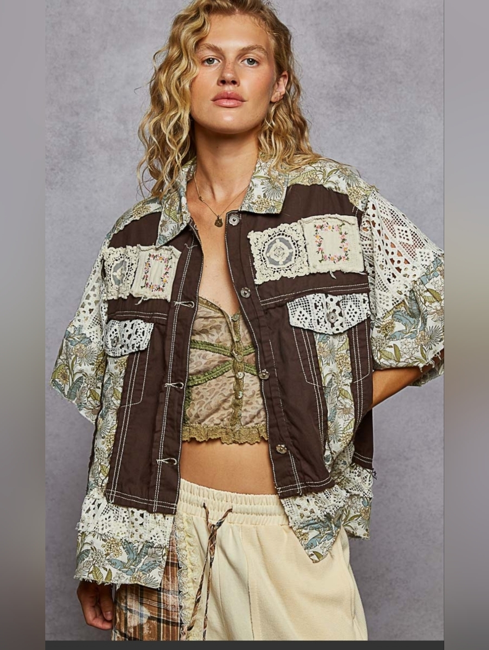 POL Brown and Cream Patchwork Button-Down Shacket